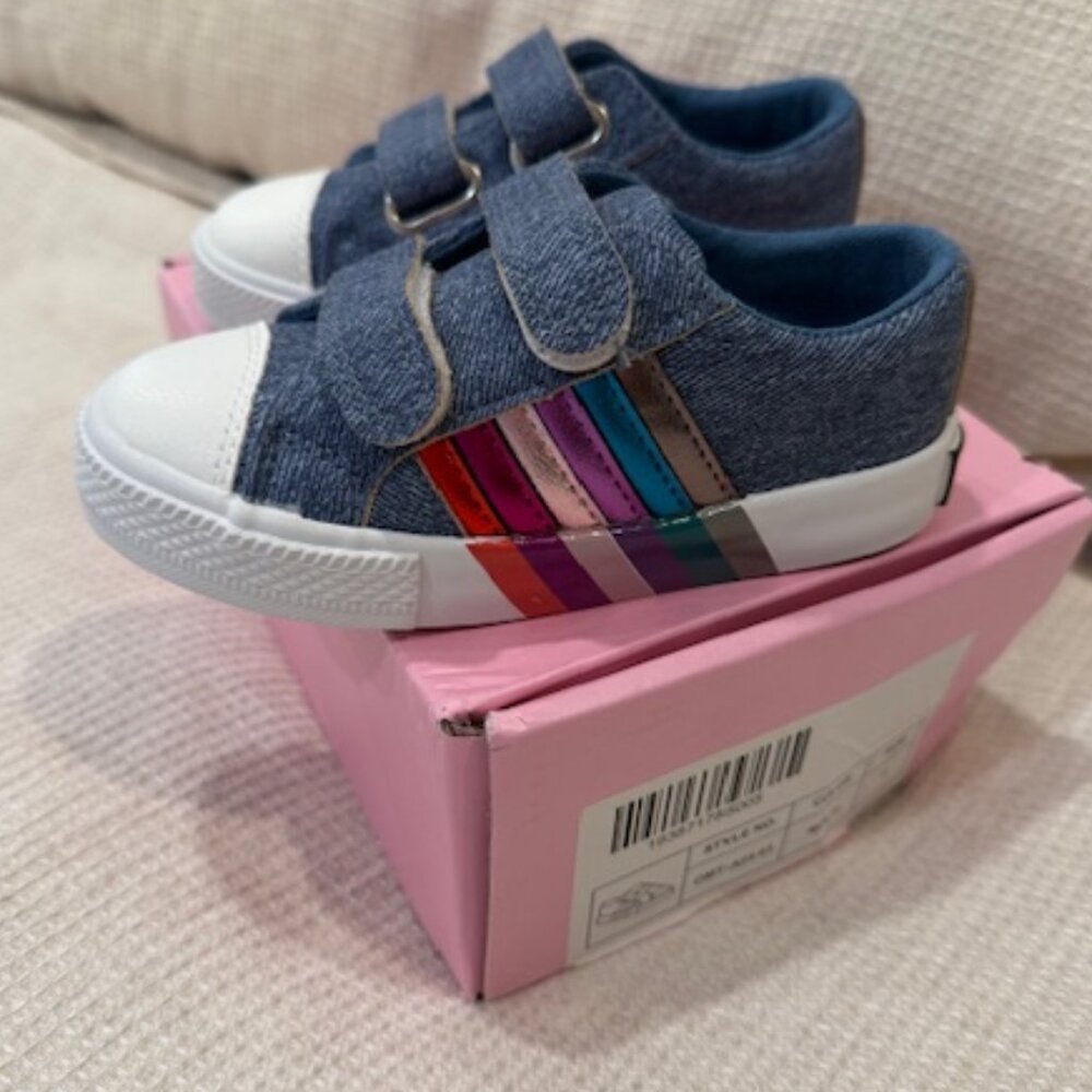 NWT with Box – OLIVIA MILLER Denim Rainbow Velcro Sneakers (Toddler Size 7)